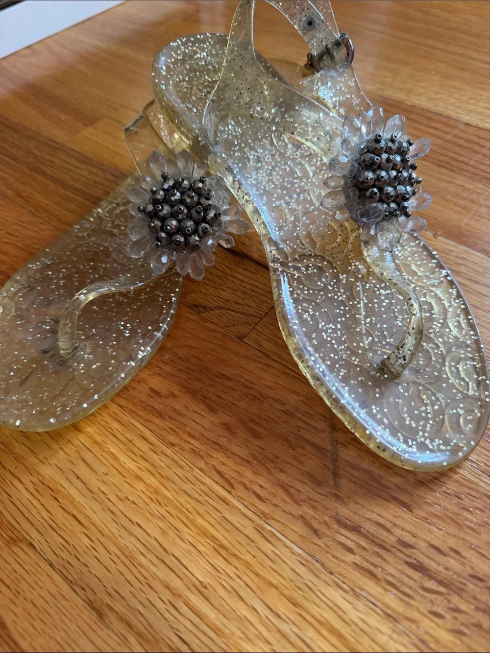 Coach Glitter Jelly Thong Sandals Jeweled Flower Clear Size 6.5